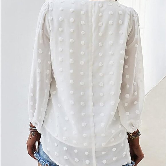 Long Bubble Sleeve V Neck Swiss Dot Chiffon Top - Picture 3 of 4